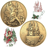 Set of two Amy Brown holiday collectible coins featuring "Christmas Cats" and "Perfectly Peppermint", fairy and dragon on golden metal coins