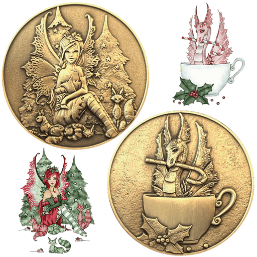 Set of two Amy Brown holiday collectible coins featuring "Christmas Cats" and "Perfectly Peppermint", fairy and dragon on golden metal coins