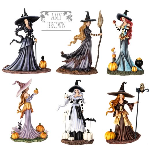 Set of witch figurines with different hairstyles and outfits on a white background, featuring the artist 'Amy Brown'.