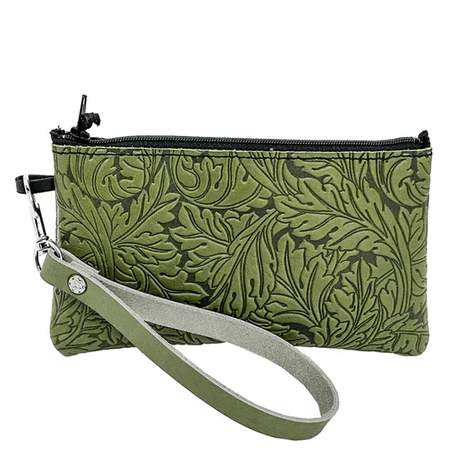 Acanthus leaves leather wristlet in fern color