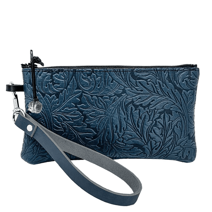 Acanthus leaves leather wristlet in navy blue color