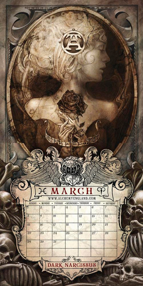 March page of Alchemy Gothic 2026 Calendar, bust of woman with rose, sepia toned