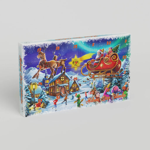 2023 Q Workshop Advent Dice calendar featuring a festive scene of Santa arriving on his sleigh, with numbered doors