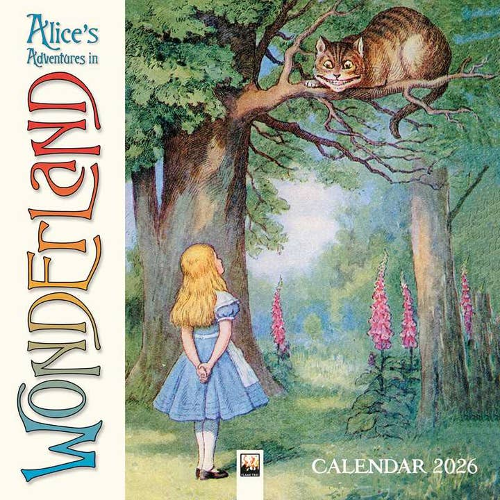 2026 Calendar cover of 'Alice's Adventures in Wonderland' with Alice and the Cheshire Cat in a forest setting.