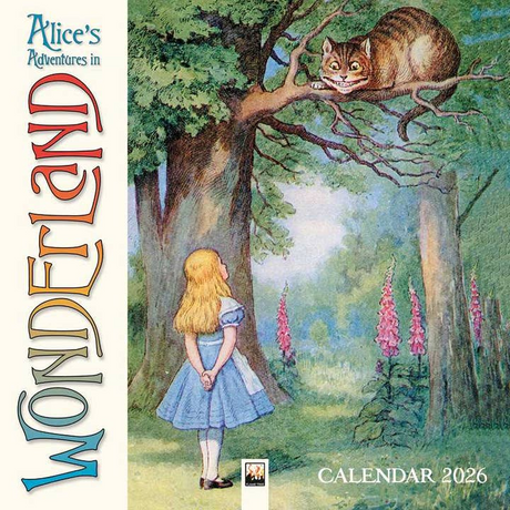 2026 Calendar cover of 'Alice's Adventures in Wonderland' with Alice and the Cheshire Cat in a forest setting.