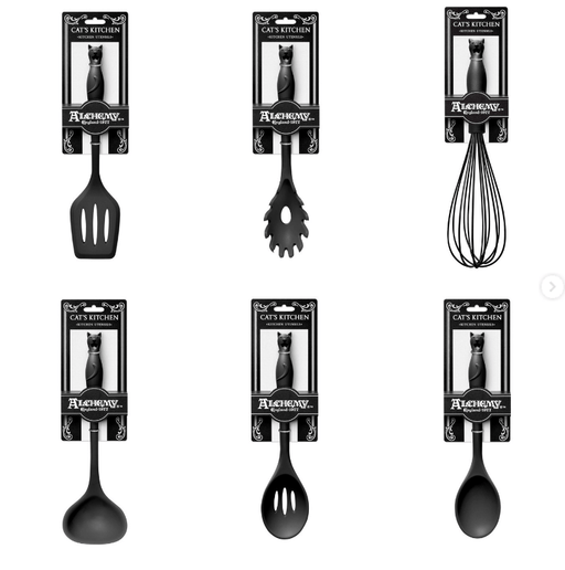 Set of six kitchen utensils with black cat theme. Spatulas, whisk, spoons included.
