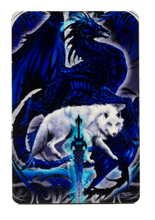 Magnet by Ruth Thompson, Alphablade. Blue dragon , white wolf, sword.