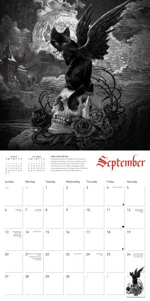 September Calendar page with winged black cat sitting on skull