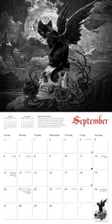 September Calendar page with winged black cat sitting on skull