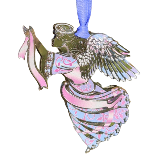 Metal ornament of an angel wearing a swirl patterned dress of pink and blue