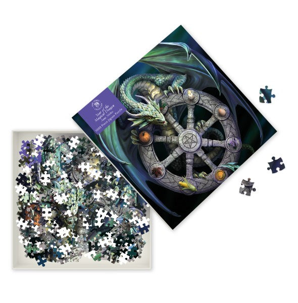 Anne Stokes Wheel of the Magickal Dragon jigsaw puzzle, box open showing pieces