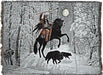 Tapestry blanket, art by Michael Matherly, Native American on black rearing horse with black wolves in a winter snowy forest under full moon