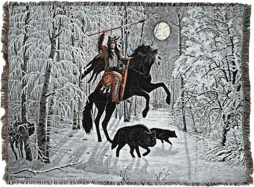 Tapestry blanket, art by Michael Matherly, Native American on black rearing horse with black wolves in a winter snowy forest under full moon