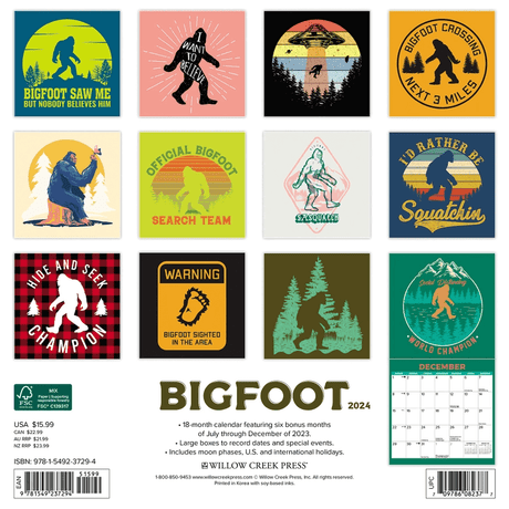 Back of 2024 Bigfoot calendar showing all months