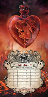 January page from Alchemy calendar with devil homunculus in heart vial