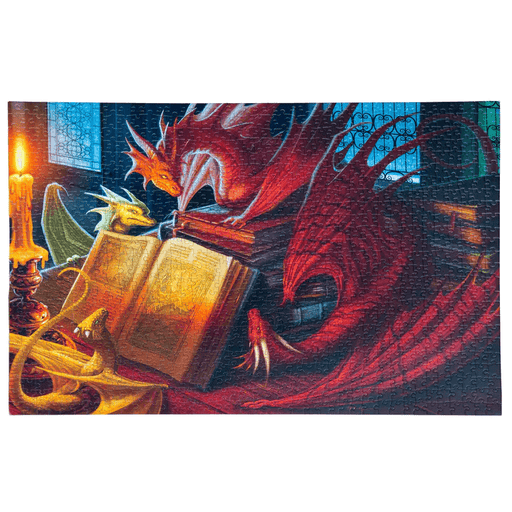 Four dragons gather round to read a book by candlelight on this jigsaw puzzle
