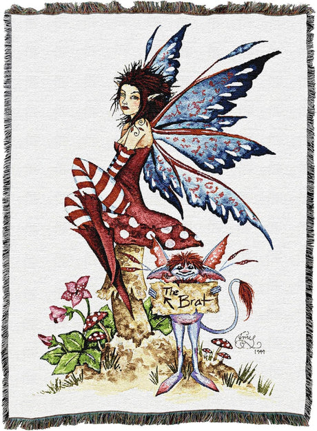 Tapestry blanket by Amy Brown, fairy in red on mushroom with gnome holding sign that says "The Brat"