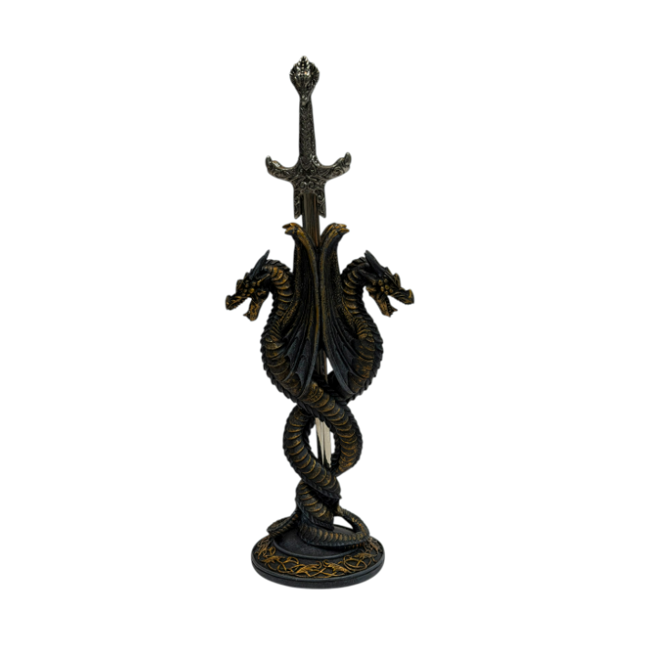 Two dragons curled around a sword