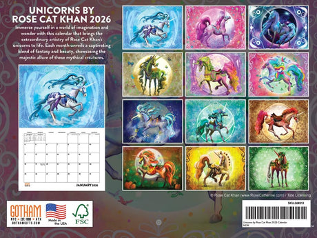 Unicorns by Rose Cat Khan calendar with colorful unicorn illustrations, back cover