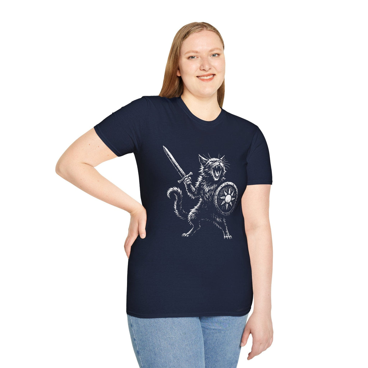 Woman wearing dark blue t-shirt with a graphic of a cat holding a sword and shield
