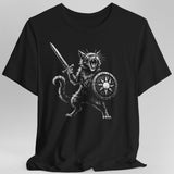 Black t-shirt with a graphic of a cat holding a sword and shield