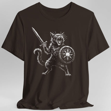 Brown t-shirt with a graphic of a cat holding a sword and shield