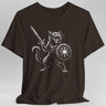 Brown t-shirt with a graphic of a cat holding a sword and shield