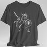 Gray t-shirt with a graphic of a cat holding a sword and shield
