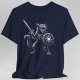 Navy blue t-shirt with a graphic of a cat holding a sword and shield