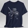 Navy blue t-shirt with a graphic of a cat holding a sword and shield