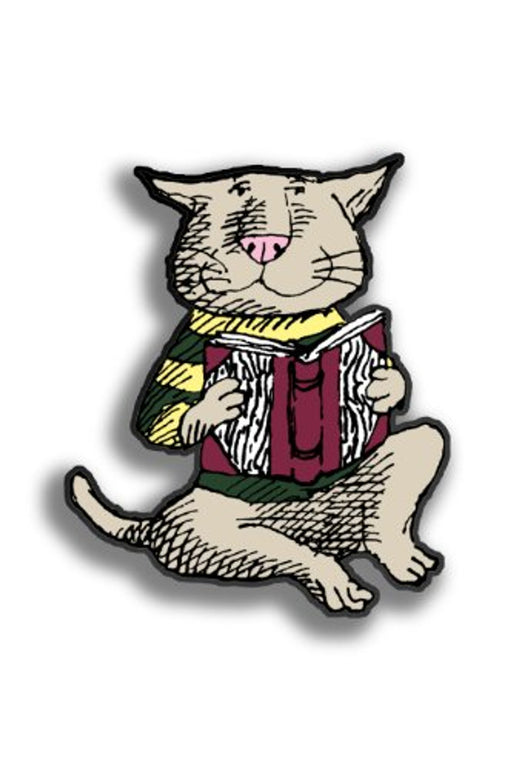 Cat reading a book pin by Edward Gorey