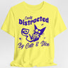 Yellow t-shirt with purple graphic and text 'Easily Distracted By Cats & Dice' on a light gray background