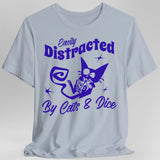Light blue  t-shirt with purple graphic and text 'Easily Distracted By Cats & Dice'