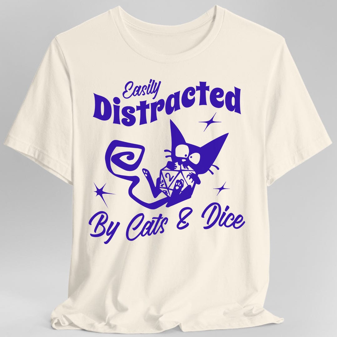 White t-shirt with purple graphic and text 'Easily Distracted By Cats & Dice'