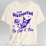 White t-shirt with purple graphic and text 'Easily Distracted By Cats & Dice'