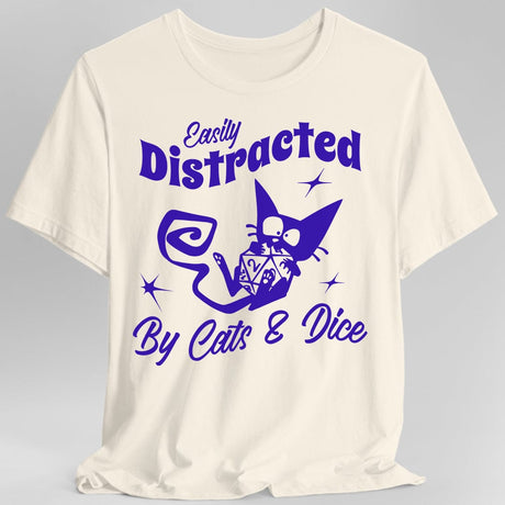 White t-shirt with purple graphic and text 'Easily Distracted By Cats & Dice'