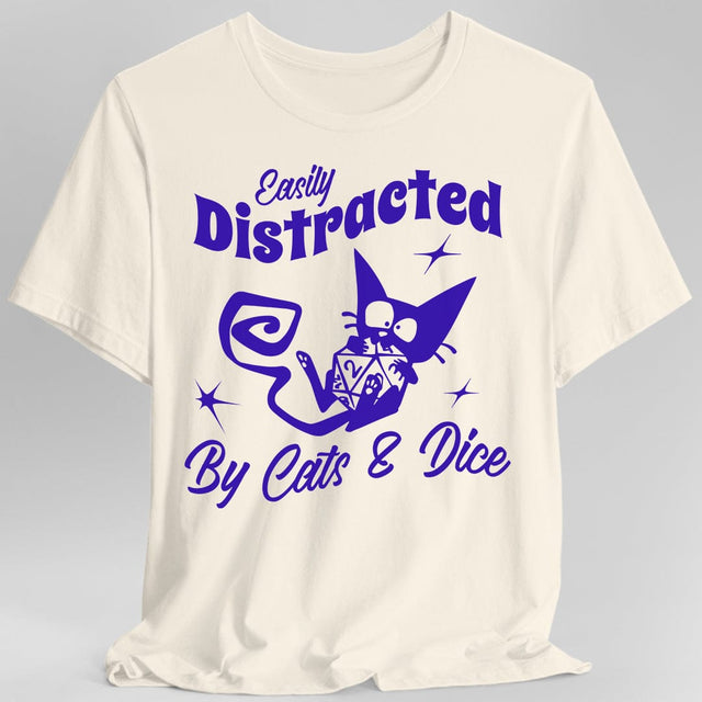 White t-shirt with purple graphic and text 'Easily Distracted By Cats & Dice'