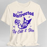White t-shirt with purple graphic and text 'Easily Distracted By Cats & Dice'