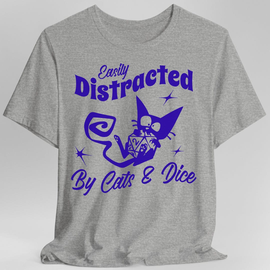 Gray t-shirt with purple graphic and text 'Easily Distracted By Cats & Dice' on a white background