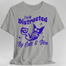 Gray t-shirt with purple graphic and text 'Easily Distracted By Cats & Dice' on a white background