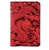 Leather pocket notebook cover with all-over design of Chinese dragon in the clouds. Shown in bright red