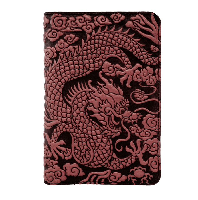 Leather pocket notebook cover with all-over design of Chinese dragon in the clouds.  Shown in dark wine maroon 