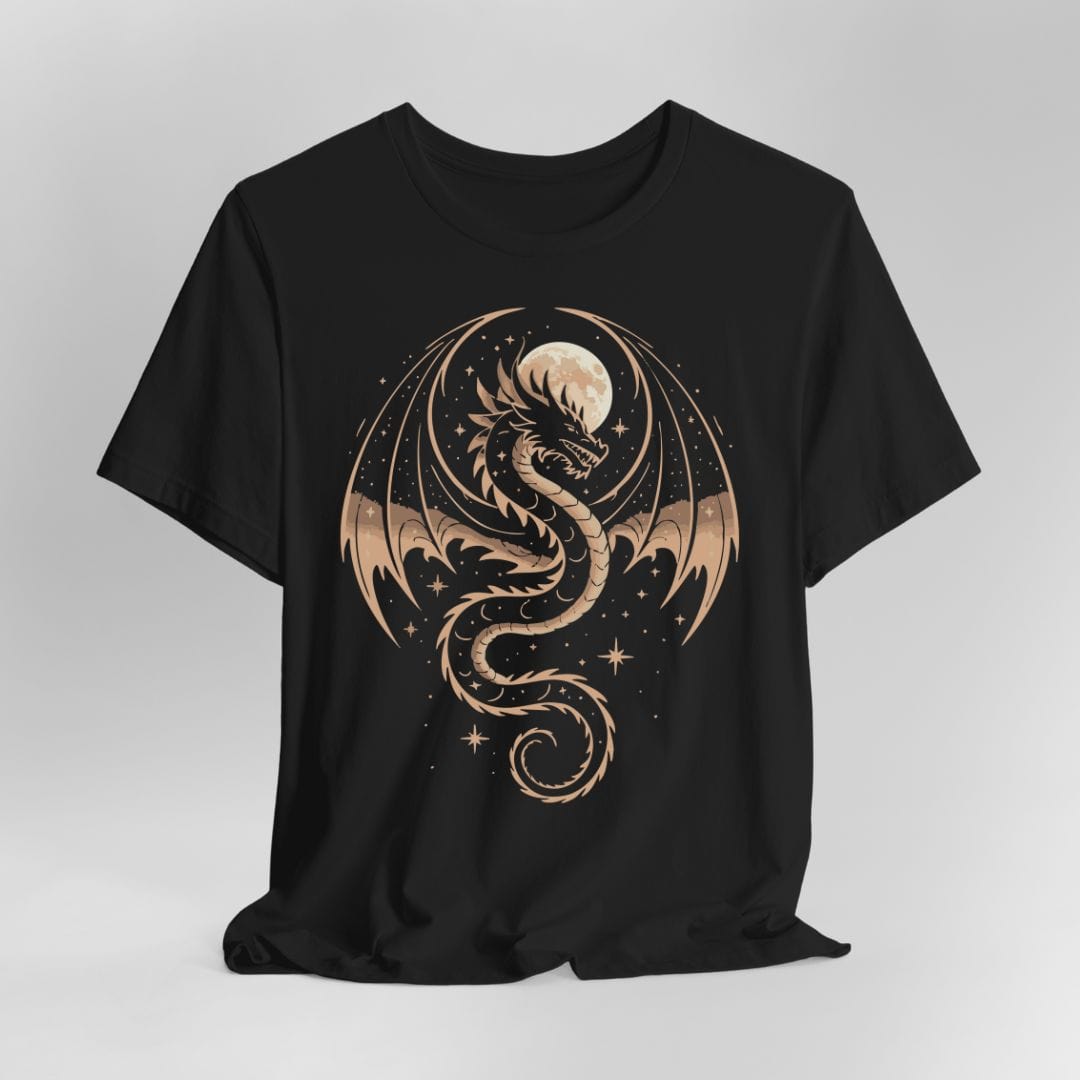 Black t-shirt with a gold dragon and full moon design