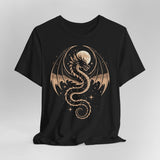 Black t-shirt with a gold dragon and full moon design