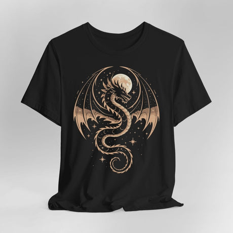 Black t-shirt with a gold dragon and full moon design