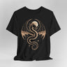 Black t-shirt with a gold dragon and full moon design