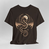 Brown t-shirt with a gold dragon and full moon design