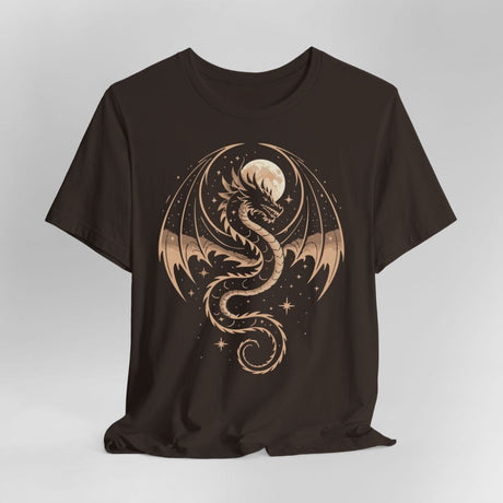 Brown t-shirt with a gold dragon and full moon design