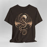 Brown t-shirt with a gold dragon and full moon design