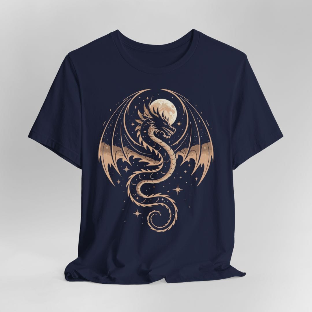 Navy blue t-shirt with a gold dragon and full moon design